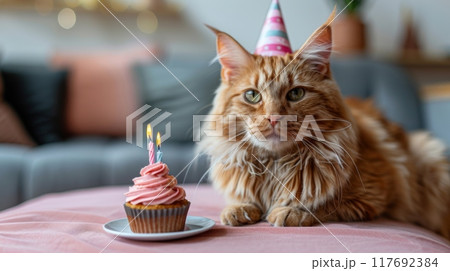 adorable cat with party hat and confetti for birthday party adorable cat with party hat and confetti for birthday party 117692384