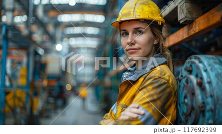 A female worker stands in a workshop against an industrial background. 117692399