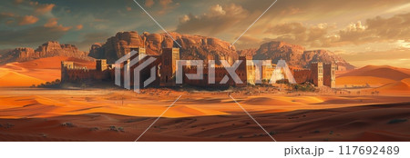 old Arab fortified city. in the background, sandy desert 117692489