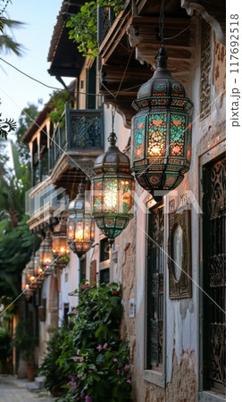 ethnic lamps hanging from the roof of the old city in the style of Arabic architecture 117692518