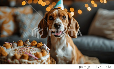 Cute fluffy dog with party hat , birthday party Cute fluffy dog with party hat , birthday party 117692718