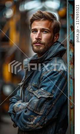 male worker stands in a workshop against an industrial background. 117693321