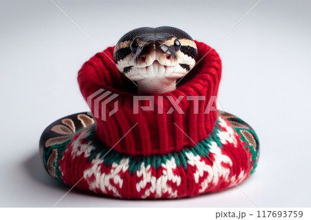 A snake wearing a cozy Christmas sweater, blending wild nature with festive charm in an amusing and quirky scene 117693759