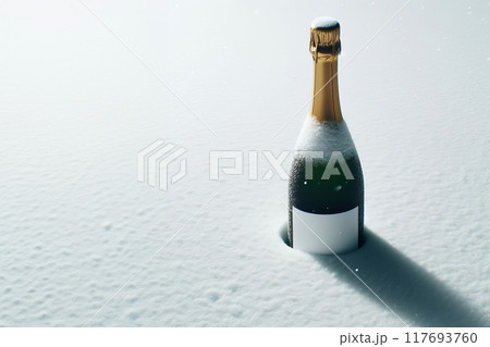 a champagne bottle amidst a snowy backdrop, 117693760
