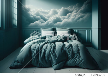 surreal charm of this bedroom scene where reality merges seamlessly with dreams. Soft green hues envelop a cozy bed, while fluffy clouds drift above, 117693797