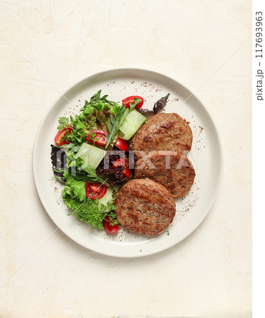 fried cutlets, minced beef, with vegetable salad, top view, no people, fried cutlets, minced beef, with vegetable salad, top view, no people, 117693963