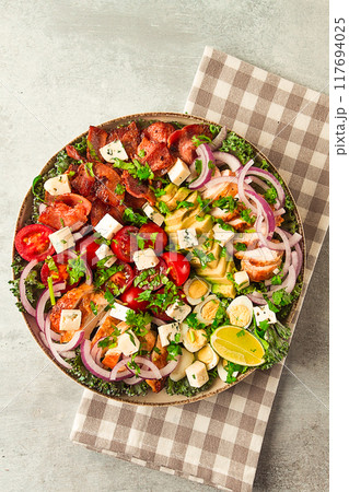 Cobb salad, keto food, top view, no people, close-up, 117694025