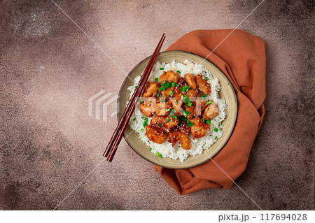 fried chicken teriyaki with rice, green onion and sesame, homemade, no people, fried chicken teriyaki with rice, green onion and sesame, homemade, no people, 117694028