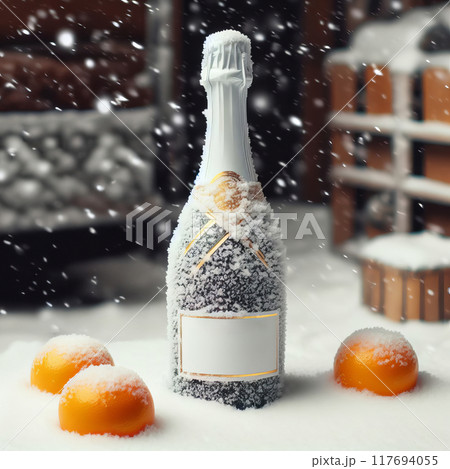 A champagne bottle or sparkling wine rests gracefully amidst the pristine snow next to tangerines 117694055