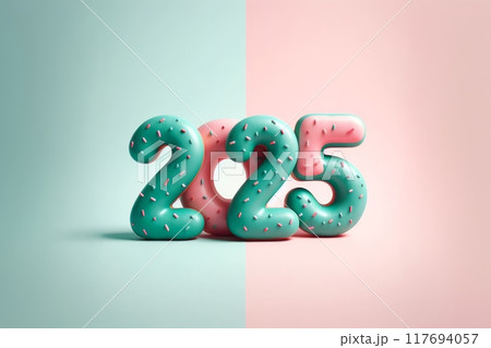 Number 2025 crafted from delectable donuts, each digit adorned with vibrant glaze for a visually delightful and joyful New Year concept 117694057