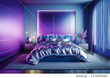 Generated image a purple and blue bedroom with a very shiny bed, shiny bedding set, minimalism, made out of shiny silver, studio product shot, bright saturated colors, studio lit, 117694088