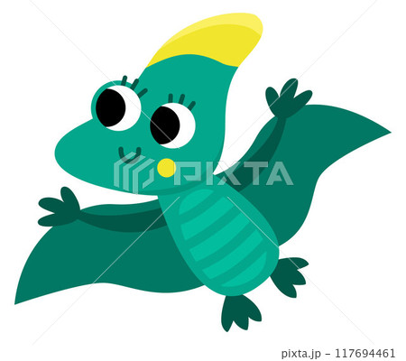 Vector baby pterodactyl icon. Cute little dinosaur with wings illustration for kids. Funny dino kid clipart for children isolated on white. Cartoon prehistoric animal picture. Flying green pterosaur Vector baby pterodactyl icon. Cute little dinosaur with wings illustration for kids. Funny dino kid clipart for children isolated on white. Cartoon prehistoric animal picture. Flying green pterosaur 117694461