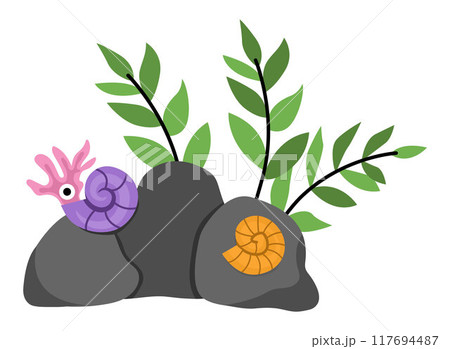 Vector prehistoric marine composition with rock, seaweeds, seashell, sea plants, ammonite. Mermaid or dinosaur land concept. Ancient ocean or sea life nature decoration isolated on white background 117694487
