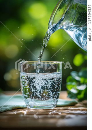 Fresh water being poured into glasses from a pitcher in a serene outdoor setting 117694526