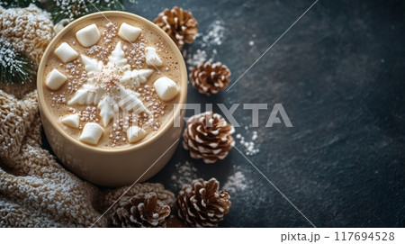 Cozy winter drink with marshmallows, pinecones, and cookies on a dark festive background 117694528