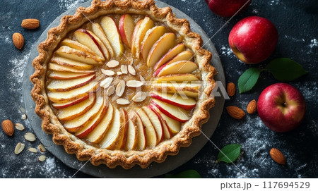 Delicious apple tart with sliced fruit and almonds on a dark background 117694529