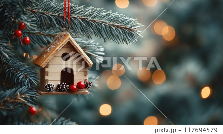 Miniature wooden house perched on frosty pine branches during winter 117694579