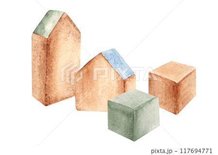 Eco baby toys constructor. Composition of Wooden cubes and houses. Watercolor hand drawn illustration in vintage style isolated on white background. Clip art for kids products, shop advertisement 117694771