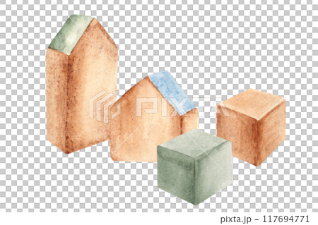 Eco baby toys constructor. Composition of Wooden cubes and houses. Watercolor hand drawn illustration in vintage style isolated on white background. Clip art for kids products, shop advertisement Eco baby toys constructor. Composition of Wooden cubes and houses. Watercolor hand drawn illustration in vintage style isolated on white background. Clip art for kids products, shop advertisement 117694771