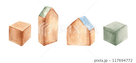 Set of Wooden cubes and houses. Eco baby toys. Watercolor hand drawn illustration in blue, green and beige tone isolated on white background. Design element for kids products, cards or posters. 117694772