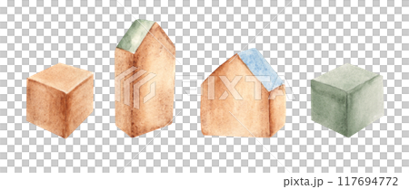 Set of Wooden cubes and houses. Eco baby toys. Watercolor hand drawn illustration in blue, green and beige tone isolated on white background. Design element for kids products, cards or posters. 117694772