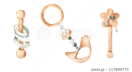 Set of Wooden Eco Baby Toys. Rattles and Teether. Watercolor hand drawn illustration in blue, green and beige tones isolated on white background. Clip art for Kids goods, tags, Baby Shower invitations 117694773