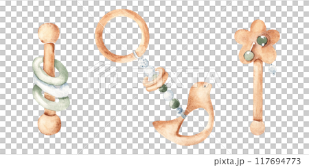 Set of Wooden Eco Baby Toys. Rattles and Teether. Watercolor hand drawn illustration in blue, green and beige tones isolated on white background. Clip art for Kids goods, tags, Baby Shower invitations 117694773