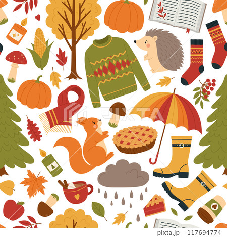 Seamless pattern with autumn elements. Colorful background with leaves, mushrooms, trees, pumpkin, sweater, rubber boots, animals and other stickers. Fall season vector print 117694774