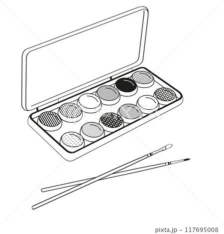 box of watercolor paints and brushes for watercolors 117695008