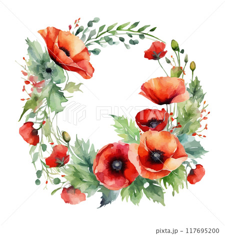 Red, blue, yellow poppy flower watercolor illustration vector Red, blue, yellow poppy flower watercolor illustration vector 117695200