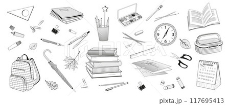set of elements about school and  study, pens, pencils, books, notebooks, compasses, scissors, brushes, paints, glue, lunch box 117695413