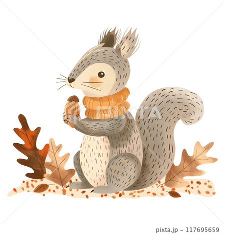 Autumn illustration with cute squirrel and cozy objects, autumn leaves in soft pastel colors. 117695659