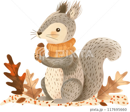 Autumn illustration with cute squirrel and cozy objects, autumn leaves in soft pastel colors. 117695660