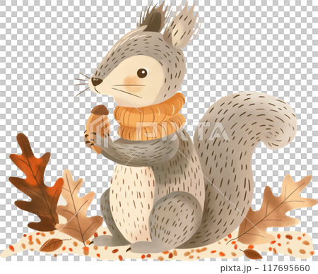 Autumn illustration with cute squirrel and cozy objects, autumn leaves in soft pastel colors. 117695660