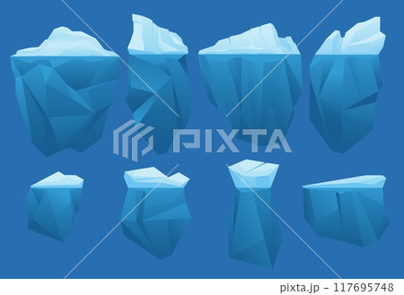 Cartoon icebergs. Floating ice blocks. Different shapes. Frozen glaciers with underwater parts. Arctic rocks in cold ocean water. Drifting polar bergs. Winter landscape elements vector set Cartoon icebergs. Floating ice blocks. Different shapes. Frozen glaciers with underwater parts. Arctic rocks in cold ocean water. Drifting polar bergs. Winter landscape elements vector set 117695748