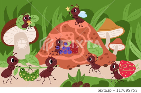 Cute ants life. Cartoon insects do different things. Animals carry caterpillars to anthill. Working pismires. Bugs holding food and leaves. Relaxing termites. Garish vector concept 117695755