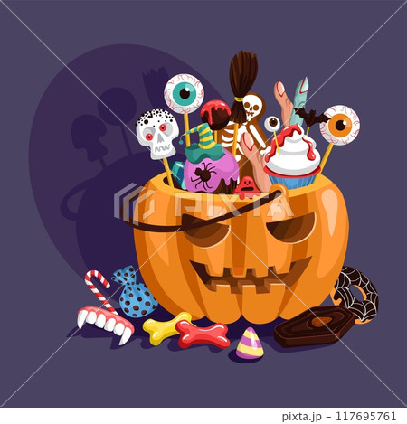 Halloween pumpkin with candies. Scary basket with trick or treat sweets. Creepy bag. Autumn holiday. Sugar lollipops. Bloody cupcakes. Spooky ghost cookies. Splendid vector concept Halloween pumpkin with candies. Scary basket with trick or treat sweets. Creepy bag. Autumn holiday. Sugar lollipops. Bloody cupcakes. Spooky ghost cookies. Splendid vector concept 117695761