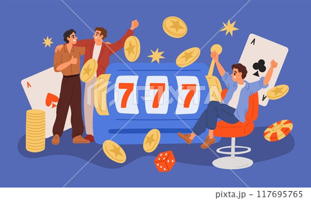 Happy people play slot machines. Guys having...のイラスト素材 [117695765] - PIXTA