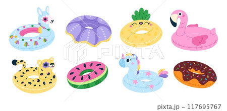 Inflatable circles. Rubber swimming rings. Cartoon color pool toys. Summer sea holiday vacation. Inflated llama and unicorn. Flamingo lifebuoy. Donut and leopard shapes. Garish vector set 117695767