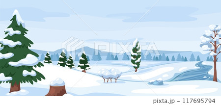 Winter landscape. Snow covered trees and shrubs. Snowdrifts and icy river. Cold season. Wild snowy scenery. Frosty day. Coniferous plants forest. Woodland panorama. Recent vector concept Winter landscape. Snow covered trees and shrubs. Snowdrifts and icy river. Cold season. Wild snowy scenery. Frosty day. Coniferous plants forest. Woodland panorama. Recent vector concept 117695794