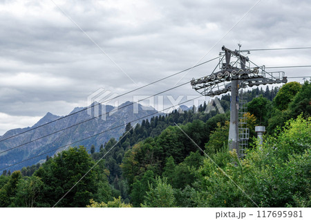 Cable car system amidst mountains and trees on a cloudy day 117695981