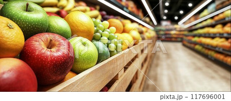 Different fruits in wooden crates on supermarket shelves, close-up, fruit and vegetable section in modern store, copy space 117696001