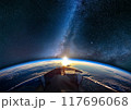宇宙ステーションから見る地球と日の出 117696068