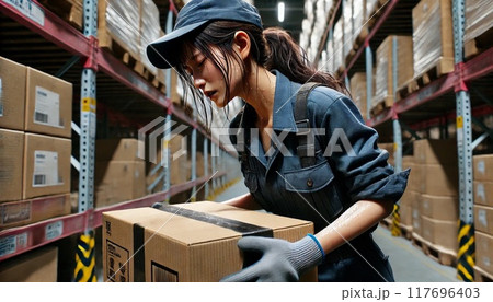 倉庫で苦労しながら作業をする女性 117696403
