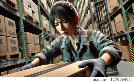 倉庫で苦労しながら作業をする女性 117696405
