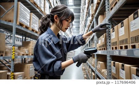 倉庫で苦労しながら作業をする女性 117696406