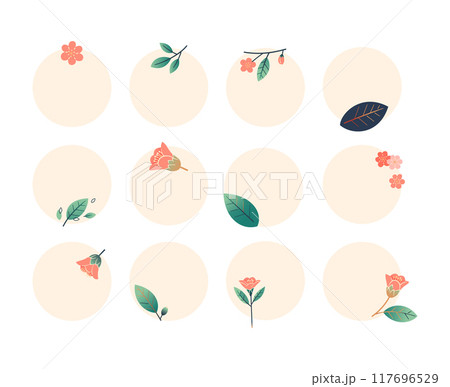 Set of simple compositions with flowers, buds and leaves Set of simple compositions with flowers, buds and leaves 117696529