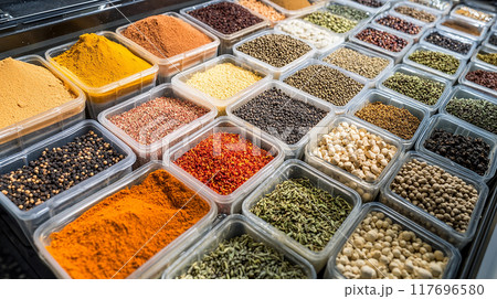 色とりどりのスパイスが整然と並んだ市場の一角 117696580