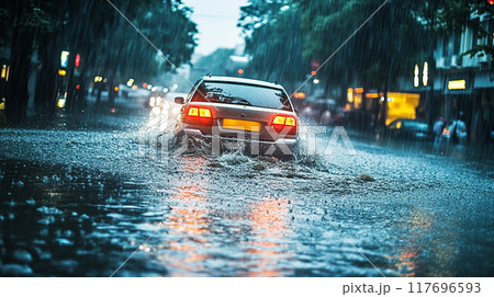 豪雨の中、街中を走る車 117696593