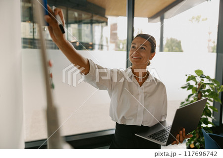 An Empowered Businesswoman is Actively Presenting Her Innovative Ideas in a Modern Office Space An Empowered Businesswoman is Actively Presenting Her Innovative Ideas in a Modern Office Space 117696742